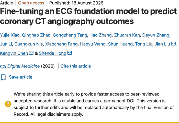sammargolis_'s tweet photo. An ECG foundation model fine-tuned against coronary CT angiography to predict vessel-specific stenosis.

Combined with guideline pre-test probability it improved rule-out and shrank the gray zone. Xiao &amp; Hong, Peking University https://t.co/3CaVbKeKPM