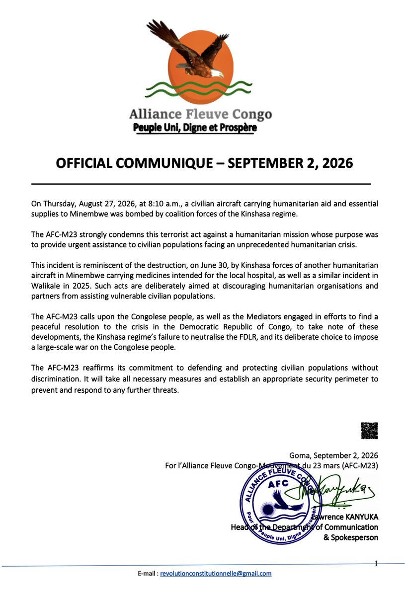 LawrenceKanyuka's tweet photo. COMMUNIQUÉ OFFICIEL DE L’ALLIANCE FLEUVE CONGO-MOUVEMENT DU 23 MARS (AFC-M23) DU 2 SEPTEMBRE 2026 ⤵️ https://t.co/pifNQ8LiRC