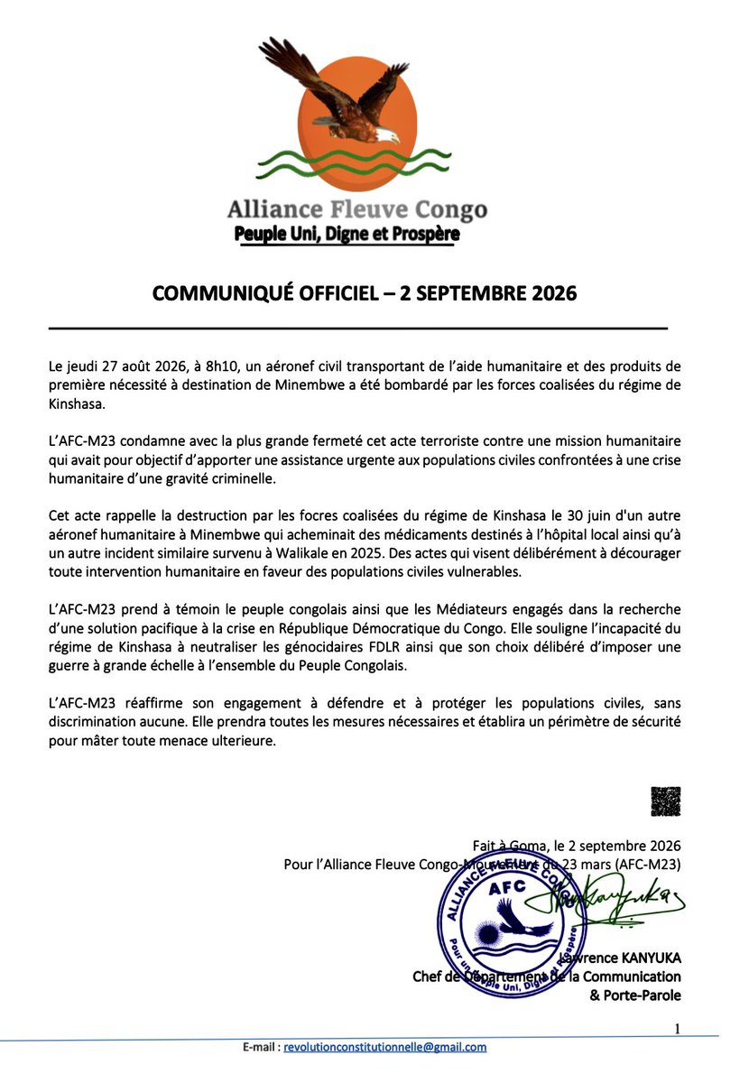LawrenceKanyuka's tweet photo. COMMUNIQUÉ OFFICIEL DE L’ALLIANCE FLEUVE CONGO-MOUVEMENT DU 23 MARS (AFC-M23) DU 2 SEPTEMBRE 2026 ⤵️ https://t.co/pifNQ8LiRC