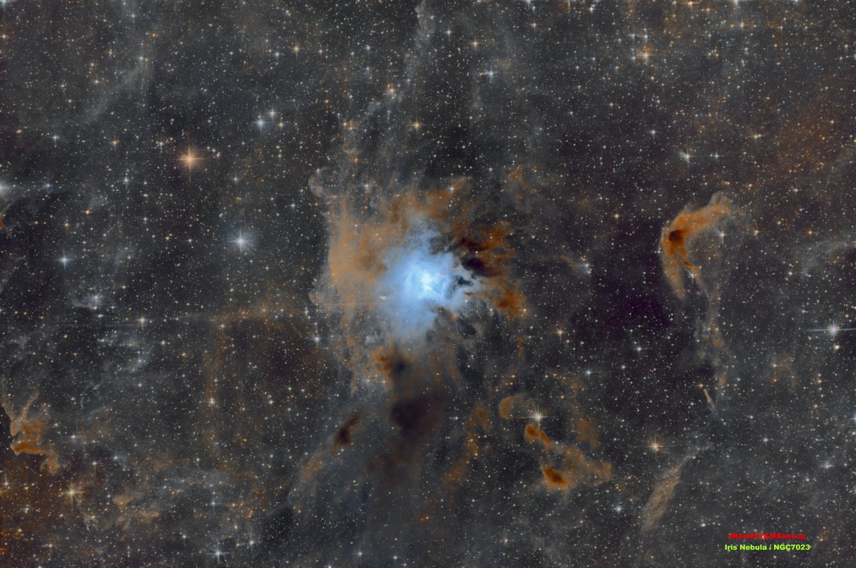 JPRamonPerez's tweet photo. NGC 7023 es en realidad el cúmulo estelar que hay dentro de la nebulosa LBN 487, que está iluminada por una estrella de magnitud +7. La nebulosa brilla con una magnitud de 6,8. Se encuentra a 1.300 al de distancia.. https://t.co/A6NTBjeGyU