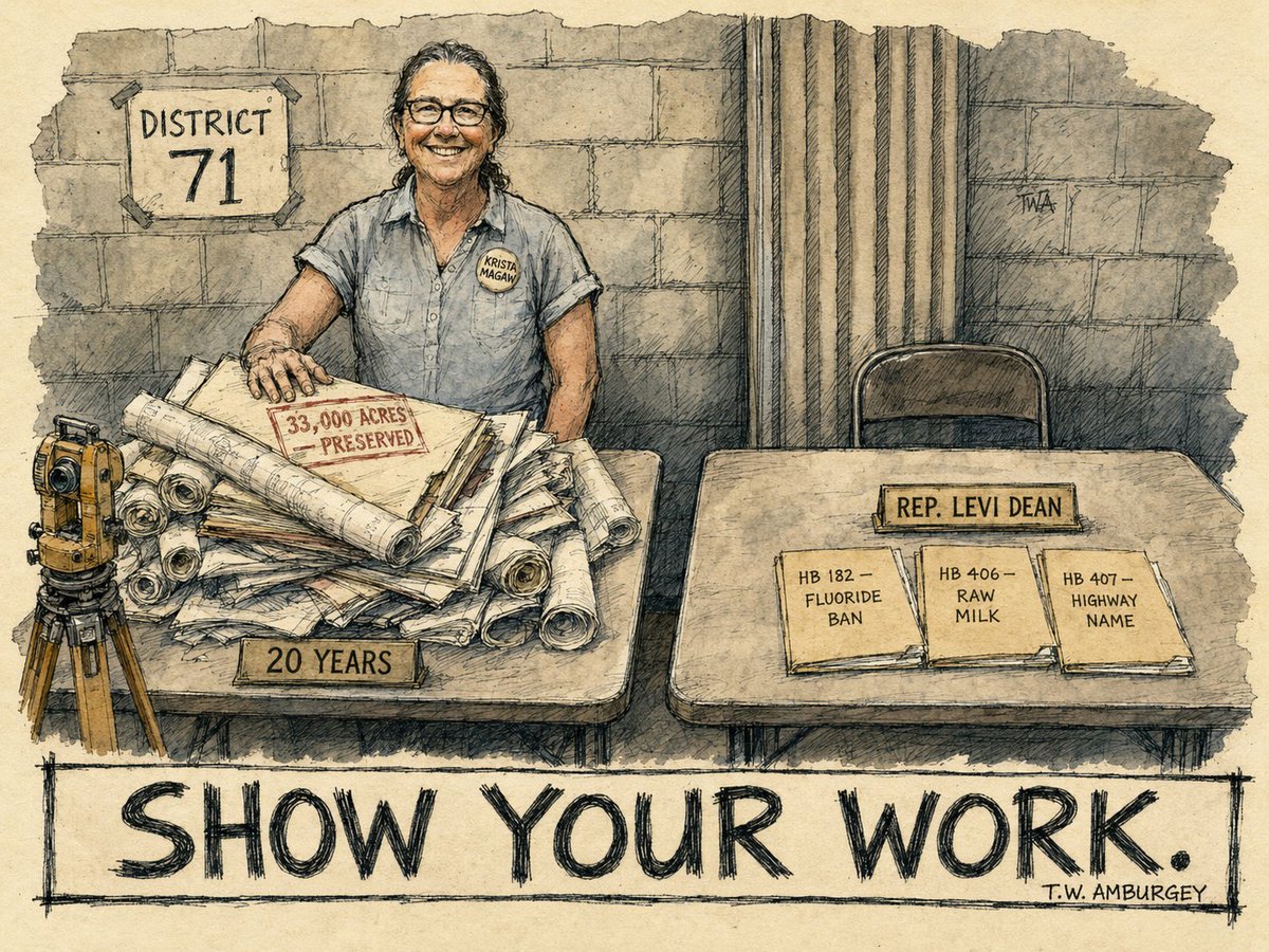twamburgey's tweet photo. Krista Magaw spent twenty years running a land trust that put 33,000 acres under permanent protection. Levi Dean's bills this term: a fluoride ban, a raw milk act, a highway naming. Ohio House 71 — November 3.

#PoliticalCartoon #Satire #EditorialCartoon #AmburgeyEndorses #Ohio https://t.co/Fs9OqRb2gp