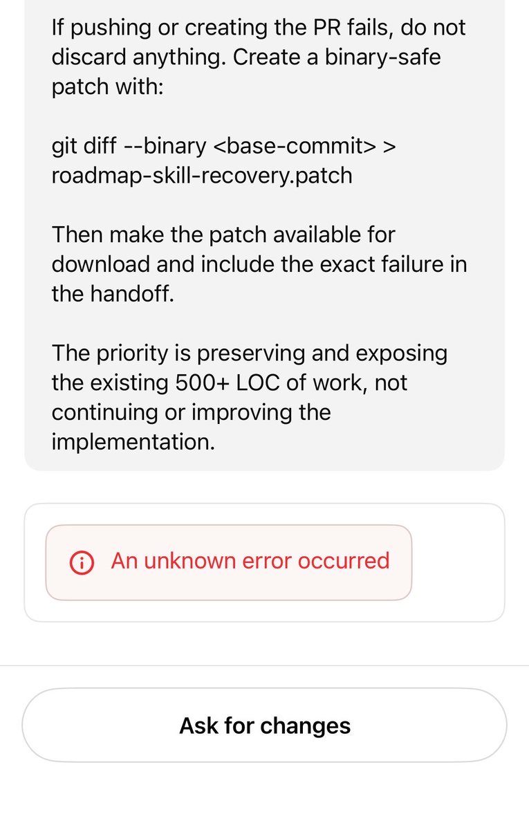 ChatGPT Work mobile interface showing an unknown error during a PR-related workflow
