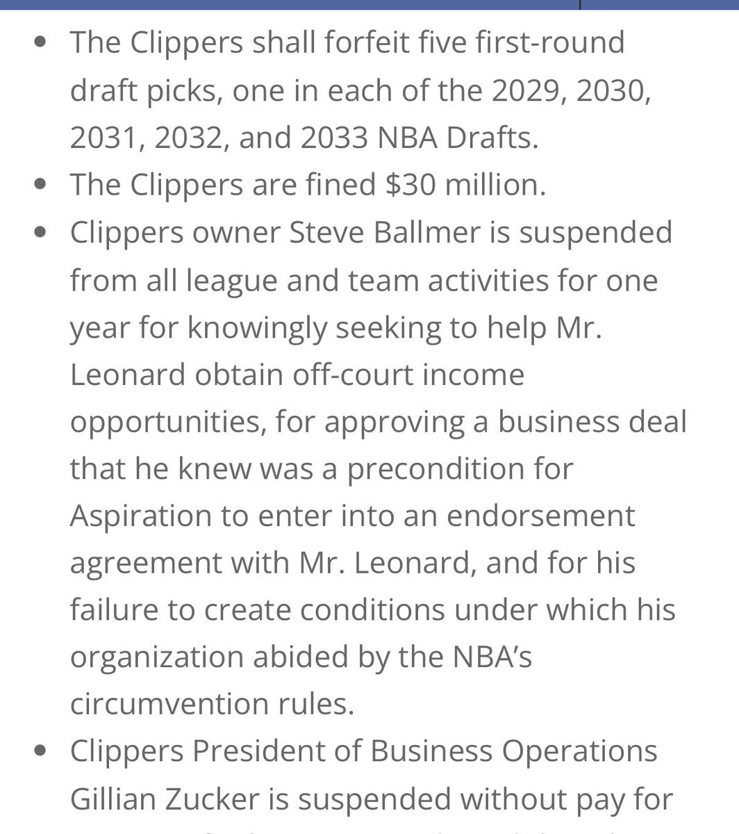 IanBegley's tweet photo. Adam Silver on Clippers/Kawhi Leonard salary cap circumvention, resulting in $30M fine for LAC among other penalties : “I am deeply disappointed by the flagrant violations of our rules &amp; by the Clippers’ institutional &amp; leadership failures.” Penalties here: https://t.co/AZz1J7DCRH