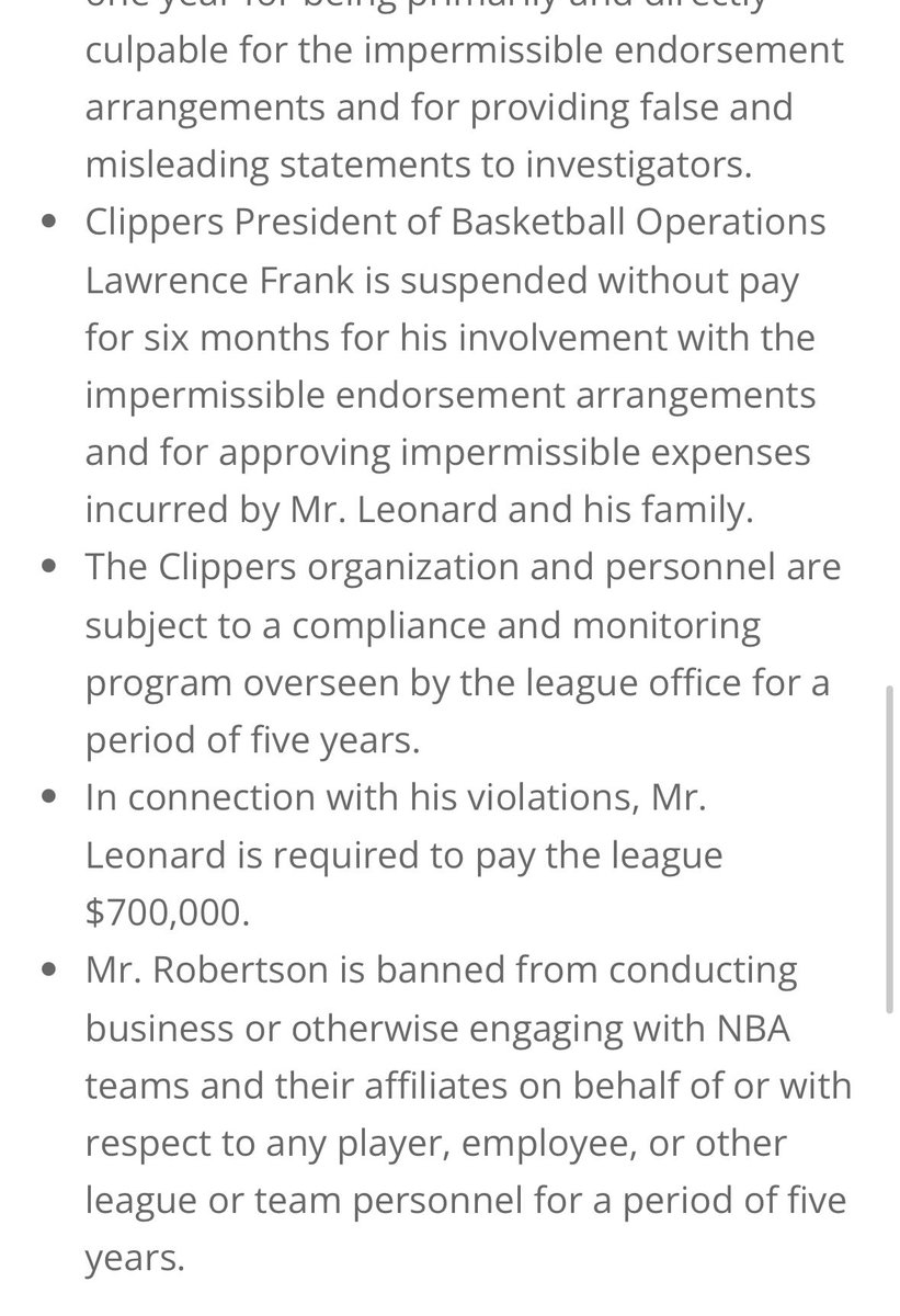 IanBegley's tweet photo. Adam Silver on Clippers/Kawhi Leonard salary cap circumvention, resulting in $30M fine for LAC among other penalties : “I am deeply disappointed by the flagrant violations of our rules &amp; by the Clippers’ institutional &amp; leadership failures.” Penalties here: https://t.co/AZz1J7DCRH