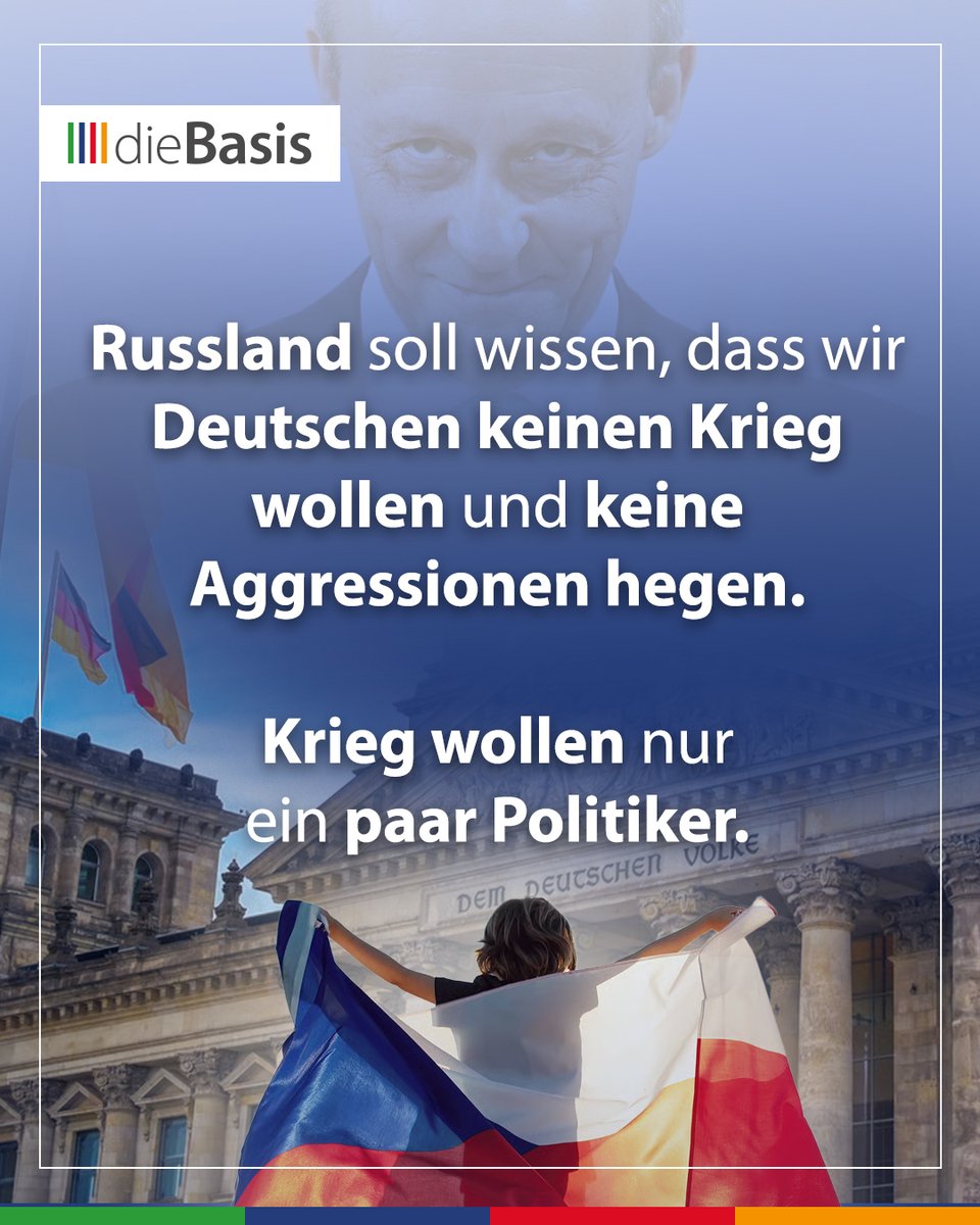 diebasispartei's tweet photo. Politik darf niemals vergessen, wofür sie da ist: nicht um Kriege vorzubereiten, sondern um Frieden zu bewahren.

Diese Nachricht geht direkt an Russland: Nur weil einige Politiker laut über Waffen, Aufrüstung und Verteidigung sprechen, bedeutet das nicht, dass Millionen Bürger diesen Kurs unterstützen.

Denn die meisten wollen ein sicheres Leben in Frieden.

🟩🟩🟦🟦🟥🟥🟧🟧

🕊️ dieBasis – die Friedenspartei. 👉 Für Diplomatie statt Eskalation.

Jetzt Mitglied werden: https://t.co/j3FdR7pIH7

#dieBasis #Meme #Krieg #Frieden #Russland