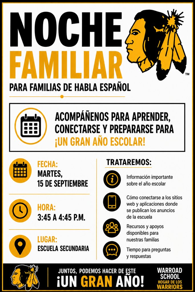 WarroadS's tweet photo. The EL Department is hosting a Spanish-speaking family information session on Tuesday, September 15 at 3:45pm https://t.co/BiUjgPJwvB