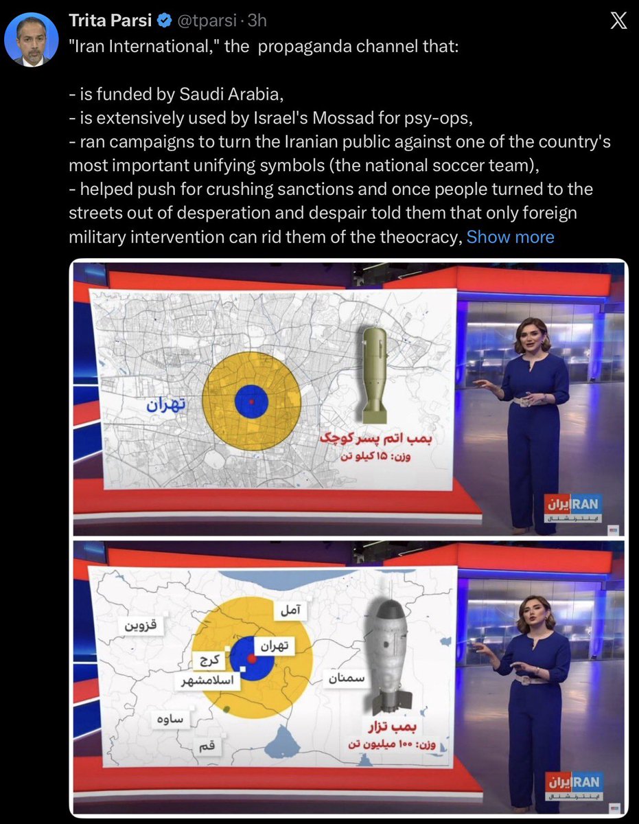jcp_dude's tweet photo. نه فقط ما ایرانیان که کل دنیا مدیون ایلان ماسک است که آزادی بیان را در اکس (توییتر) برقرار کرد و اکنون ما می‌توانیم دروغهای شاخدار پروپاگاندای فرنگی کاران رژیم را فاش و رسوا کنیم.
تریتا پارسی رفته عکسی از یک برنامه ایران اینترنشنال در سال ۲۰۲۵ که مربوط به تنش و خطر جنگ هسته ای بین هند و پاکستان بود و آن زمان حتی جنگ ۱۲ روزه هم رخ نداده بود را گرفته و مدعی شده مربوط به الان است و اسراییل و ایران اینترنشنال و رضا پهلوی می خواهند حمله اتمی به تهران را عادی نشان دهند. 
این هیچ ربطی به ایران و اسراییل نداشته و چنین مقایسه هایی در مورد اگر به یک شهر حمله اتمی شود چه می شود بسیار مرسوم و طبیعی است.