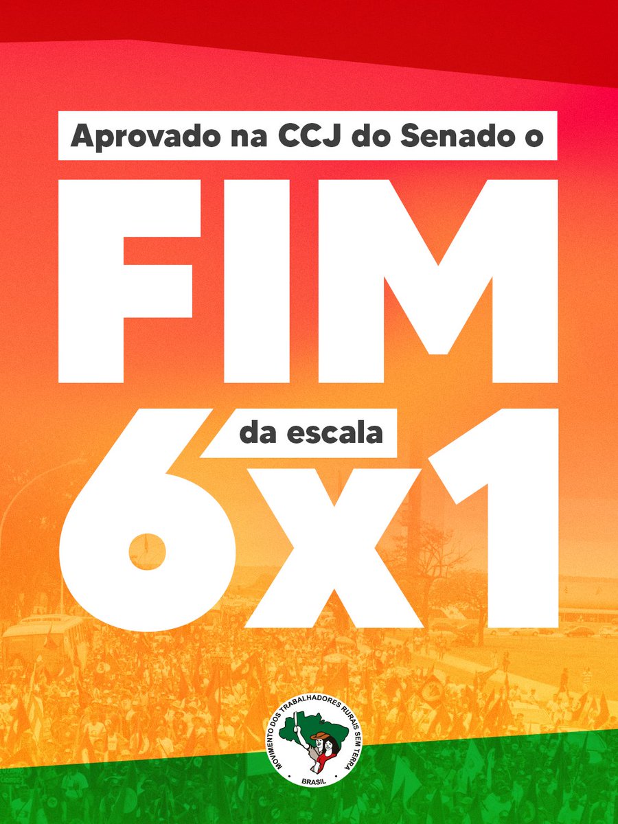 MST_Oficial's tweet photo. ✊🏿 A escala 6x1 está com os dias contados!
A Comissão de Constituição e Justiça (CCJ) do Senado acaba de aprovar o texto-base da PEC que prevê o fim da escala 6x1. É mais um passo importante para transformar em realidade uma conquista histórica da classe trabalhadora. https://t.co/kT1j4NTxlC