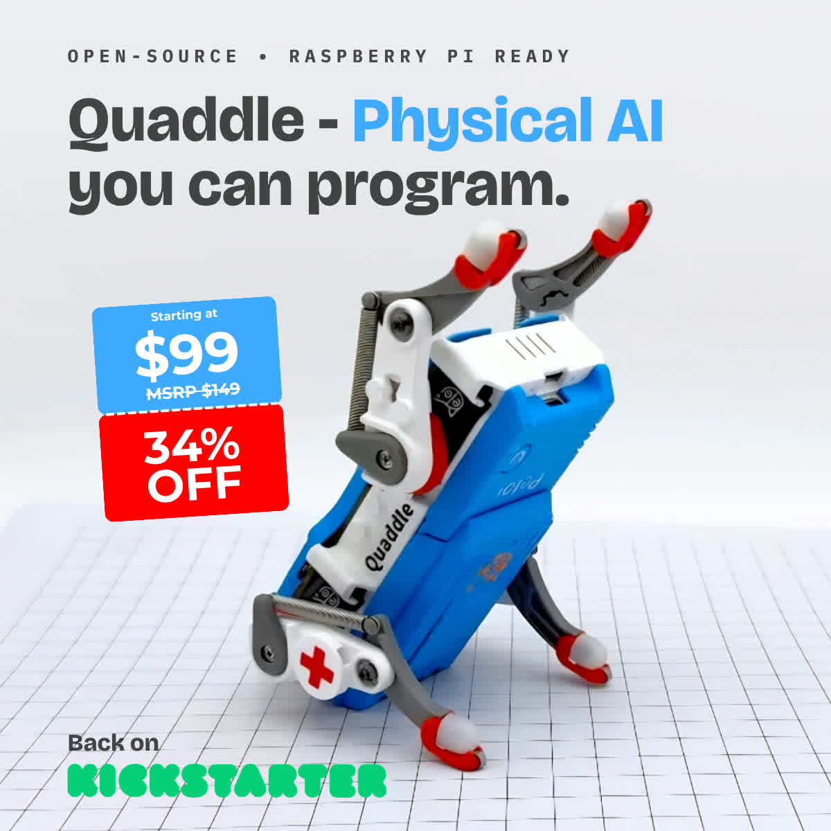 PetoiCamp's tweet photo. Quaddle is live on Kickstarter — open-source, programmable, and starting at $99 (34% off) during Super Early Bird pricing.
Back Quaddle on Kickstarter → https://t.co/hlZNzjdyV5
#Quaddle #Kickstarter #RobotDog #PhysicalAI https://t.co/PZjzXTGXgY