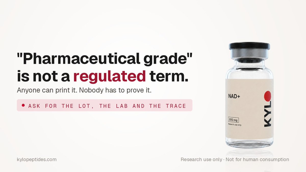 kylopeptides's tweet photo. "Pharmaceutical grade" is not a regulated term. No body defines it, awards it, or checks it. Anyone can print it.
Ask instead: a lot number, the lab, the release date, the method, the trace. An adjective is not a specification.
#pharmagrade #researchpeptides #mythbusting https://t.co/sV67VaYt1m