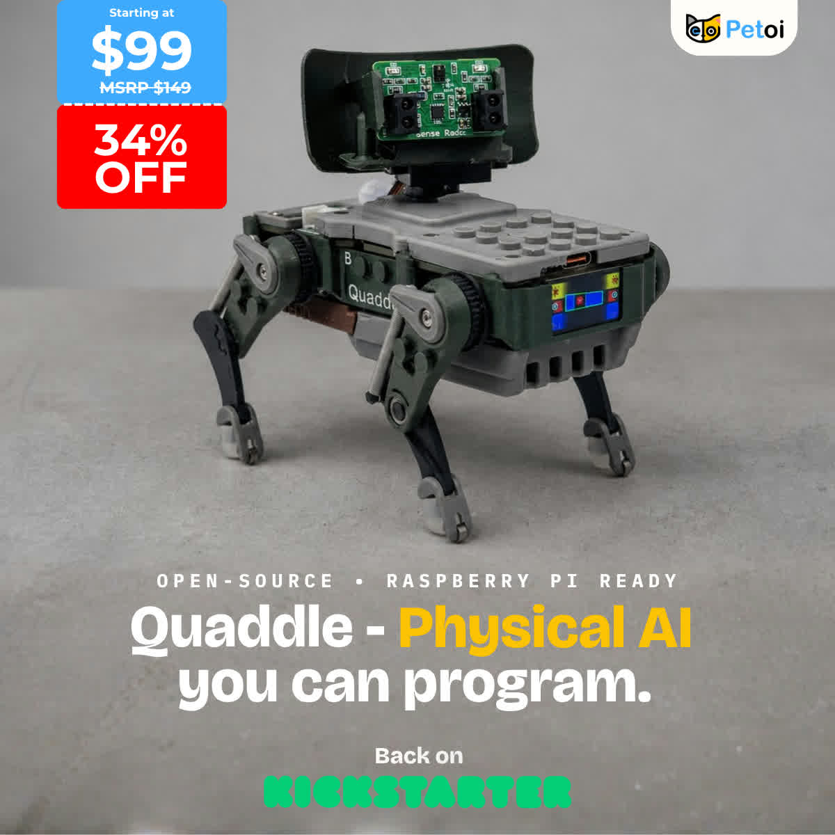 PetoiCamp's tweet photo. Quaddle is live on Kickstarter — open-source, programmable, and starting at $99 (34% off) during Super Early Bird pricing.
Back Quaddle on Kickstarter → https://t.co/hlZNzjdyV5
#Quaddle #Kickstarter #RobotDog #PhysicalAI https://t.co/PZjzXTGXgY