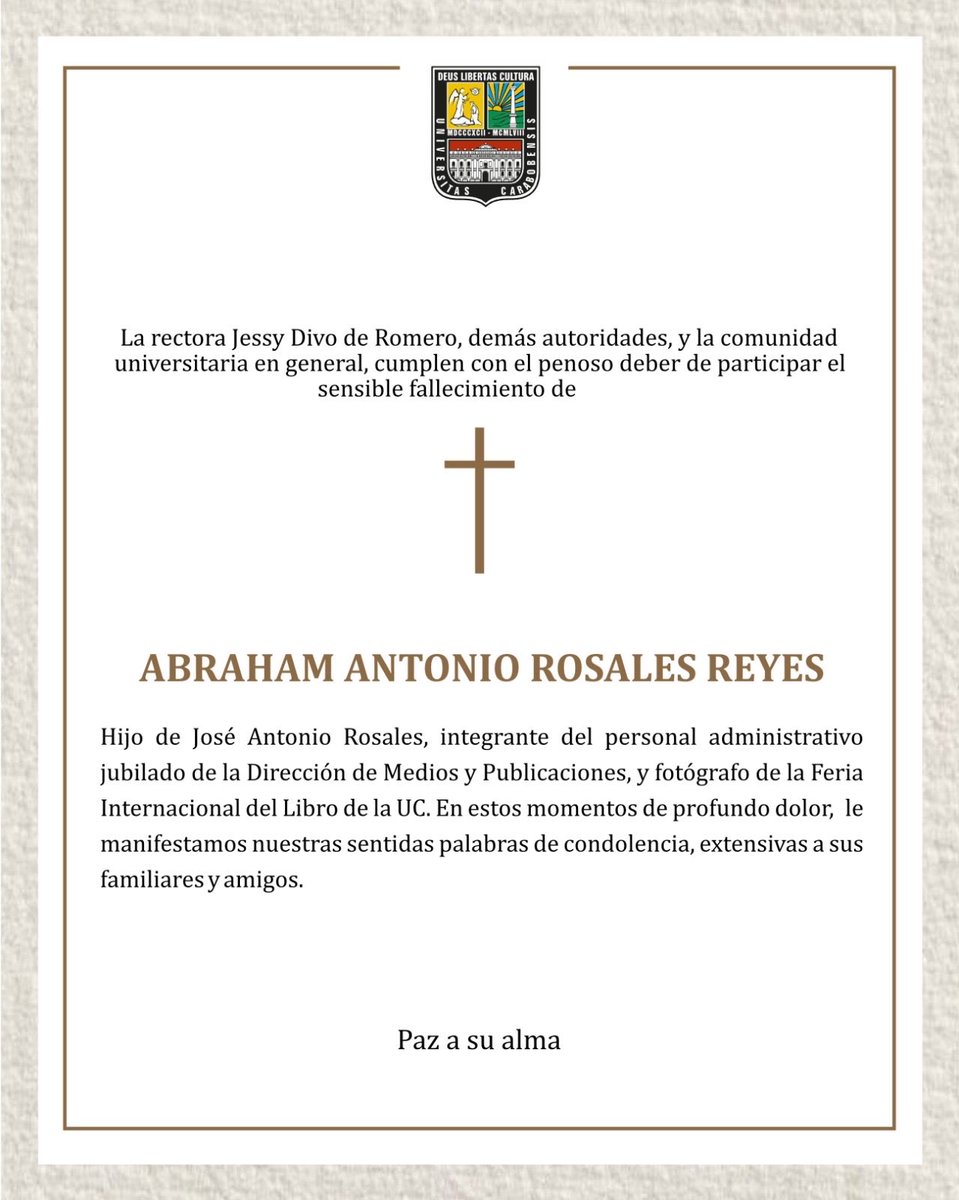 UCarabobo's tweet photo. La rectora @jessydivo y demás autoridades lamentan el fallecimiento de Abraham Rosales. Paz a su alma. https://t.co/uHaGQL2oSn