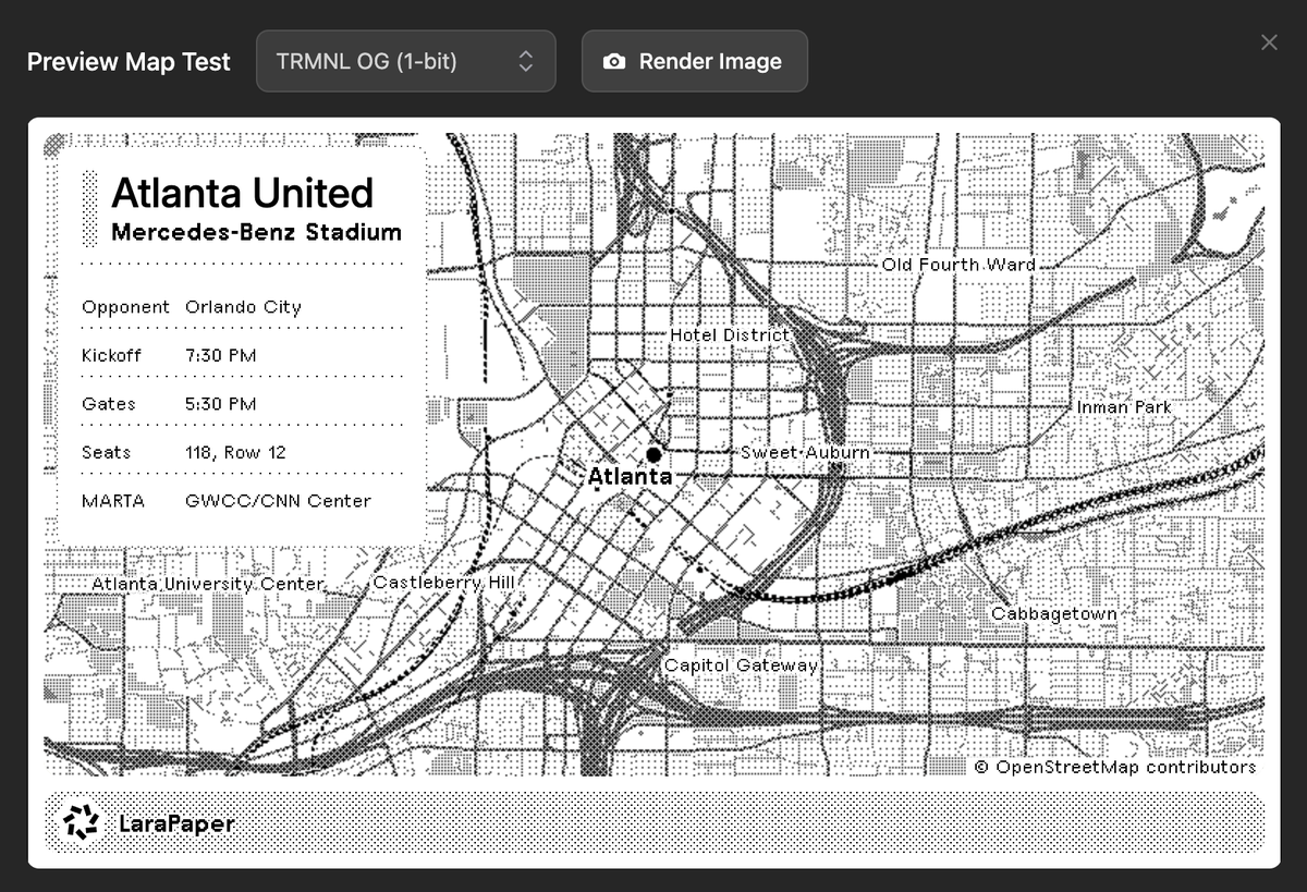 bnussbau's tweet photo. LaraPaper 0.41.0 adds map support via TRMNL Framework 3.3.1 and improves navigation and crosslinks for a better UX.
#trmnl
https://t.co/FcsOq9M2Of https://t.co/EZdjZ5QKB5