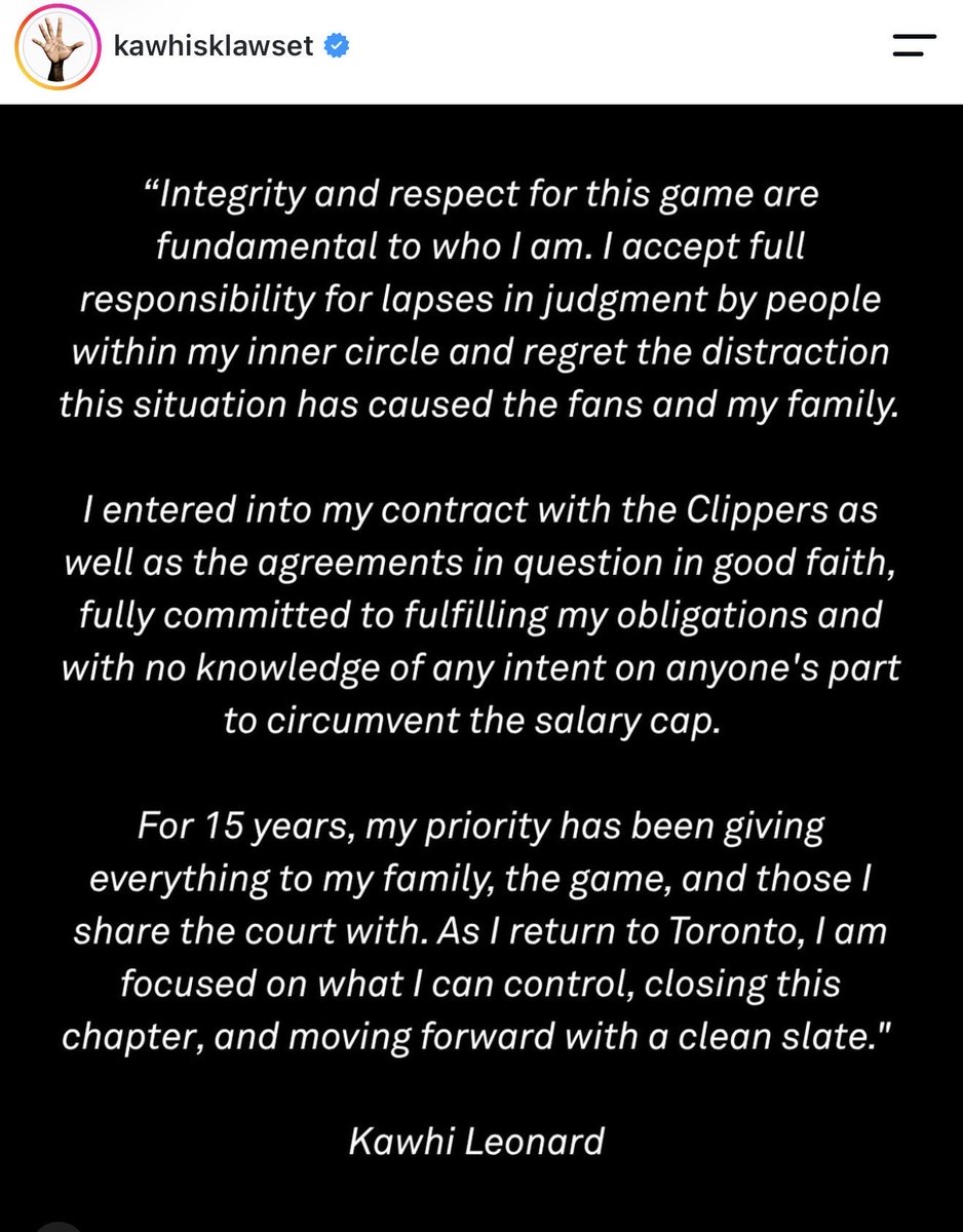 TheSteinLine's tweet photo. In this Instagram statement, Kawhi Leonard indicates that he expects to be officially traded to Toronto now that the league has assessed a broad series of sanctions against the Clippers in the wake of a yearlong investigation conducted by Wachtell, Lipton, Rosen &amp; Katz: https://t.co/Q5IZCtDbDb
