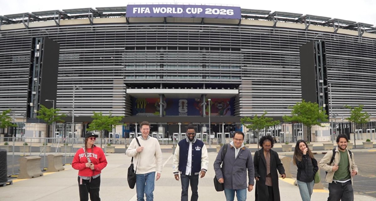 Part of the Columbia Climate School team leaving MetLife Stadium after a tour prior to the World Cup Matches. Left to Right: Louise Brilliant, Thomas Chandler, Shaun Hoyte, Joshua DeVincenzo, Allison Karabu, Almaty Almejhed, and Fabricio Lara. Credit: Srisivaram Krishnasamy