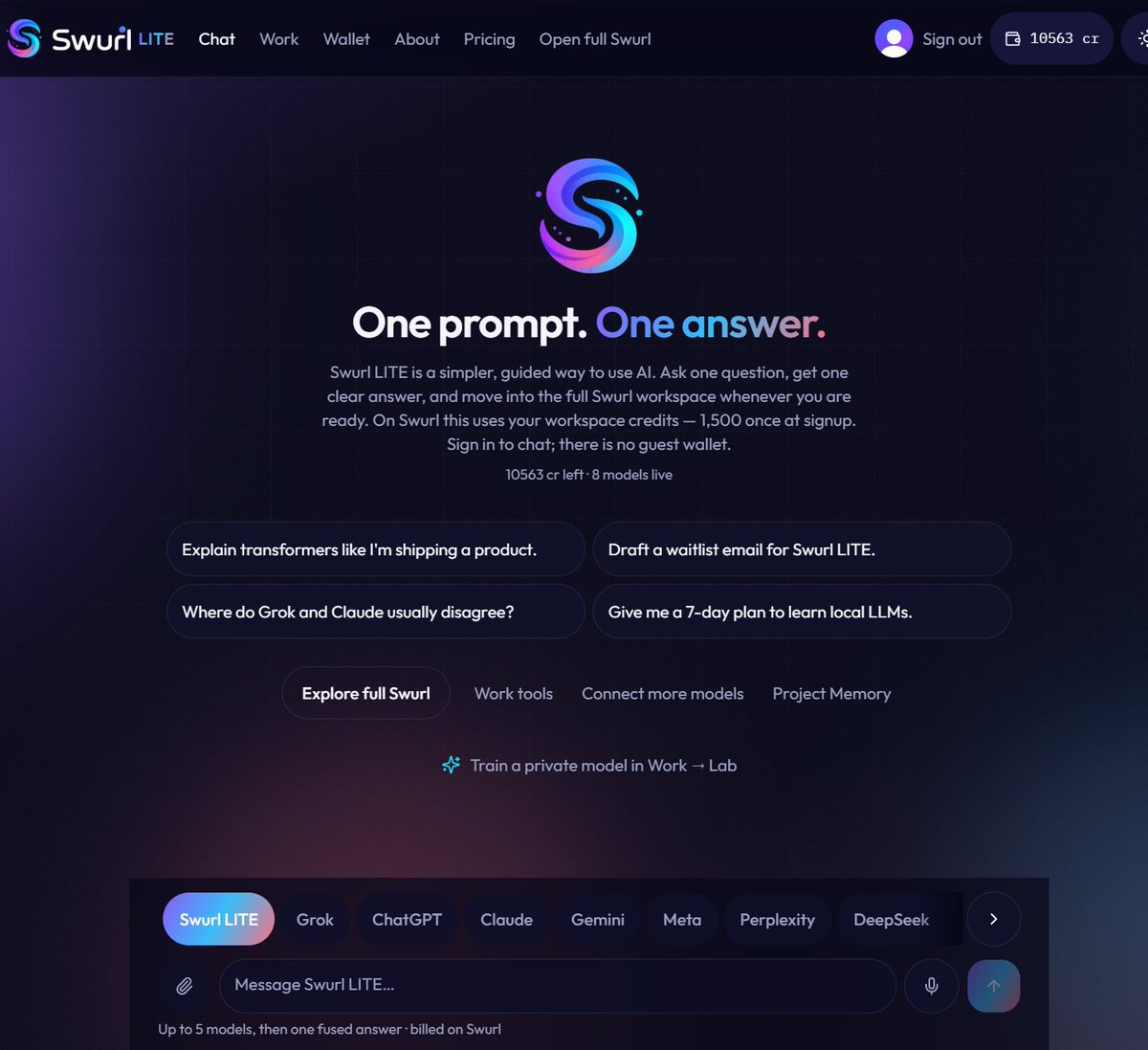 SwurlAI's tweet photo. Introducing Swurl LITE: A Simpler Way Into AI.  Some people are intimidated by an A.I. interface, that's why we've created Swurl Lite, a much simpler way to still use the power of 8 models!
https://t.co/U9KD33CEVU  #swurlai #swurllite https://t.co/d5qjGKN31i