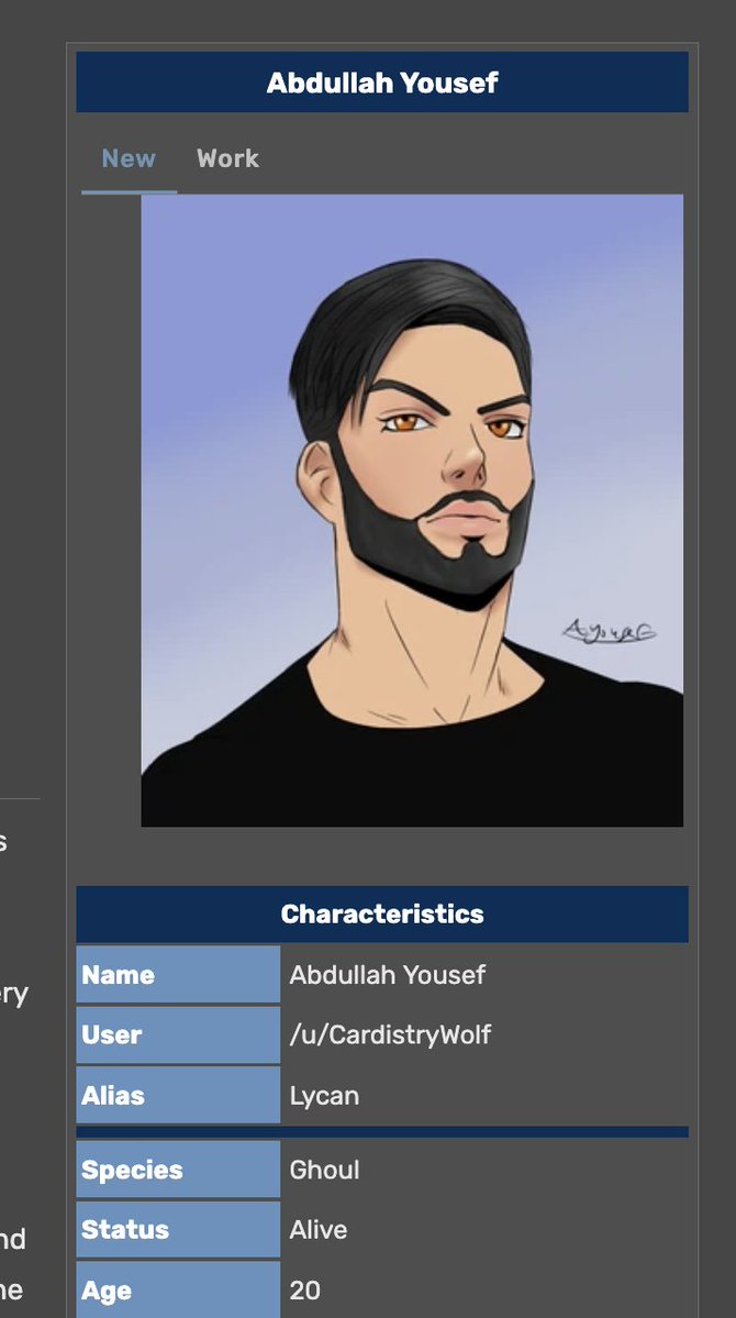 TSDgroyper's tweet photo. Abdullah Yousef, is a Ghoul university student and Mask maker living in the 20th ward, who hails from Syria. His alias is Lycan ( オオカミ人間 Okami ningen )

Mechanics: Abdullah sometimes wraps his tail around his leg to add force and pain to a kick. and when parkouring wraps it around  poles and similar objects to fling himself up from them, and curls it like a spring under him to have a safe landing.