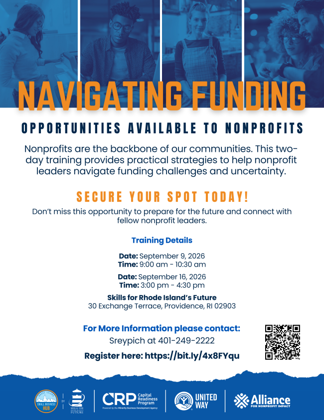 SkillsforRI's tweet photo. Nonprofit leaders: funding training starts Sept. 9.

#SkillsRI + @liveunitedri will cover federal grants, funding opportunities &amp; strategic partnerships.

📅 Sept. 9 + 16
📍 Providence

Register now: https://t.co/fGxq60qtS1

#UnitedWayRI #NonProfit #RhodeISland https://t.co/EAXUThYfy9