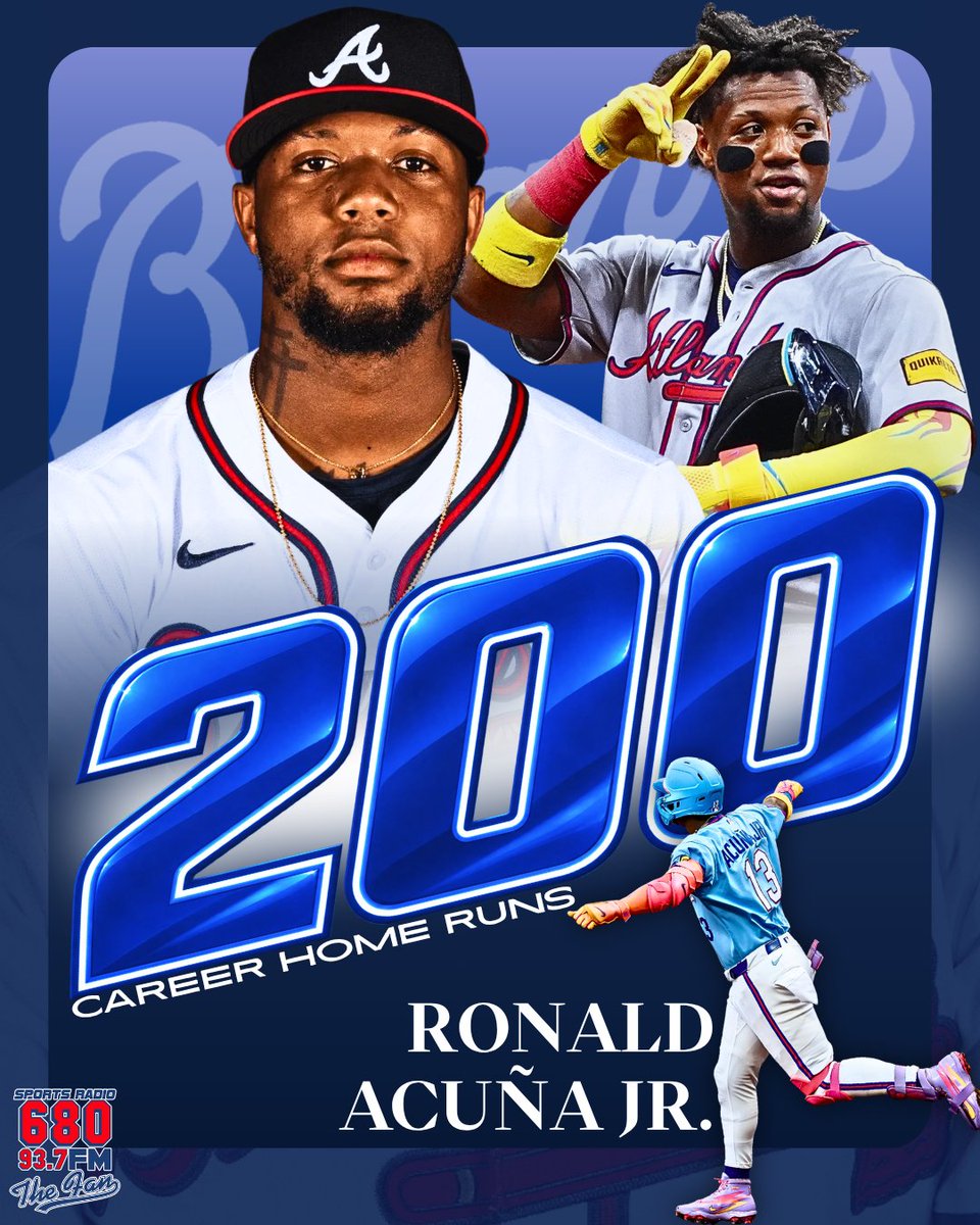 680TheFan's tweet photo. Ronald Acuña Jr. becomes the 57th player in MLB history to hit 200 home runs and steal 200 bases. 

He joins Hank Aaron as the second player in Braves franchise history to accomplish the feat. 
#bravescountry https://t.co/70p1bPtOlE