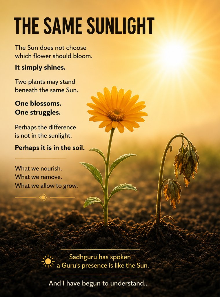 ShivaDuddi's tweet photo. Today, on Sadhguru’s birthday, I want to begin something personal.

For years, I have heard the metaphor of a Guru’s presence being like the Sun.

The Sun does not choose which flower should bloom.

It simply shines.

Two plants may stand beneath the same Sun.
One blossoms.
One struggles.
Perhaps the difference is not in the sunlight.
Perhaps it is in the soil.

What we nourish.
What we remove.
What we allow to grow.

That thought has stayed with me.

So from September 3 to September 23, I want to share 21 experiences from my own journey.
From the meditation my father introduced me to...
To the years I lost myself in the race...

To finding my Guru...

To the practices that slowly began transforming me.

I am not sharing this as someone who has arrived.

I am sharing it as someone who is still walking.

Still seeking.
Still practicing.
Still becoming receptive.

Happy Birthday, @SadhguruJV .

Perhaps the journey is simply to open ourselves to the light that is already shining.
#Sadhguru #SpiritualJourney #InnerTransformation #ConsciousLeadership #JoyfulLeaders