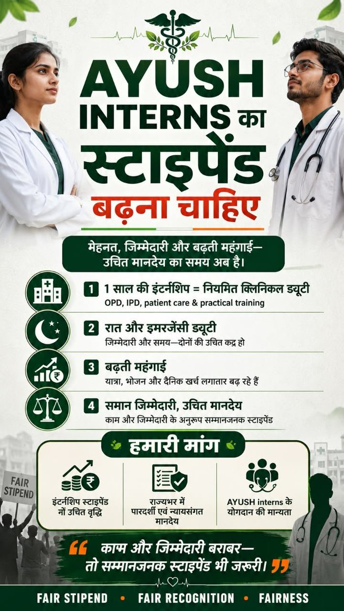 Pushpen42195056's tweet photo. AYUSH doctors deserve equal recognition, respect &amp; opportunity.
₹7,500 stipend is far too low. The government must revise the stipend and increase it to ₹25,000 for AYUSH Interns.
Equal Work. Equal Respect. Equal Stipend.
Justice for AYUSH Interns.
#StipendRevision #25KStipend https://t.co/mnB8ypTAD6