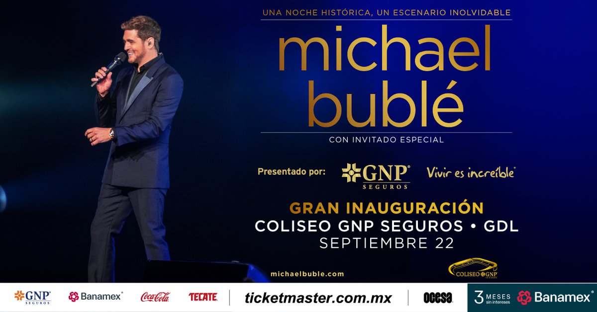 MichaelBuble's tweet photo. Michael is officially opening the new Coliseo GNP Seguros in Guadalajara on September 22. Don’t miss this historic night! 🎉

Tickets on sale now! https://t.co/wPsQ7JFyc2

#mexico #concert 🎉 https://t.co/zrhHJW3E0P