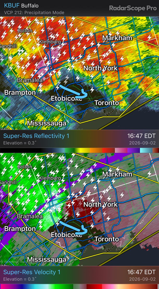 stormwx1's tweet photo. This is an extremely dangerous storm for Toronto. Wind gusts over 100km/h and hail up to TENNIS BALL size is possible with this storm rapidly moving into the city. #onstorm https://t.co/HBpfNQGw3E