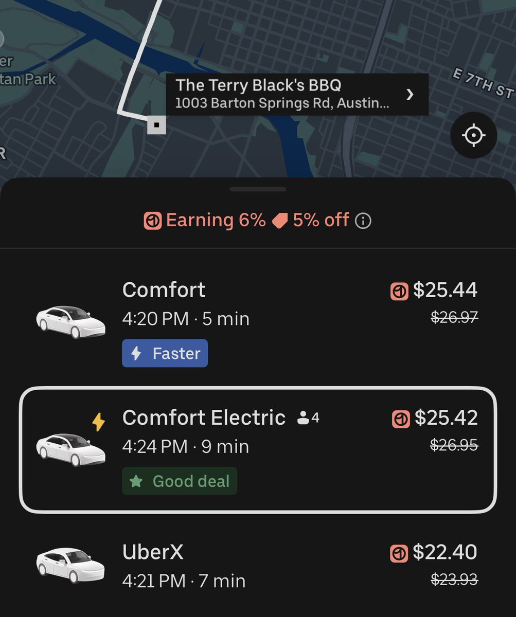 BLKMDL3's tweet photo. Robotaxi is 45-57% cheaper than Uber right now for us in Austin. 

Cheaper, better, smoother, and cleaner. Also all your audio and setting sync with it too. @robotaxi https://t.co/HuURddqK2R