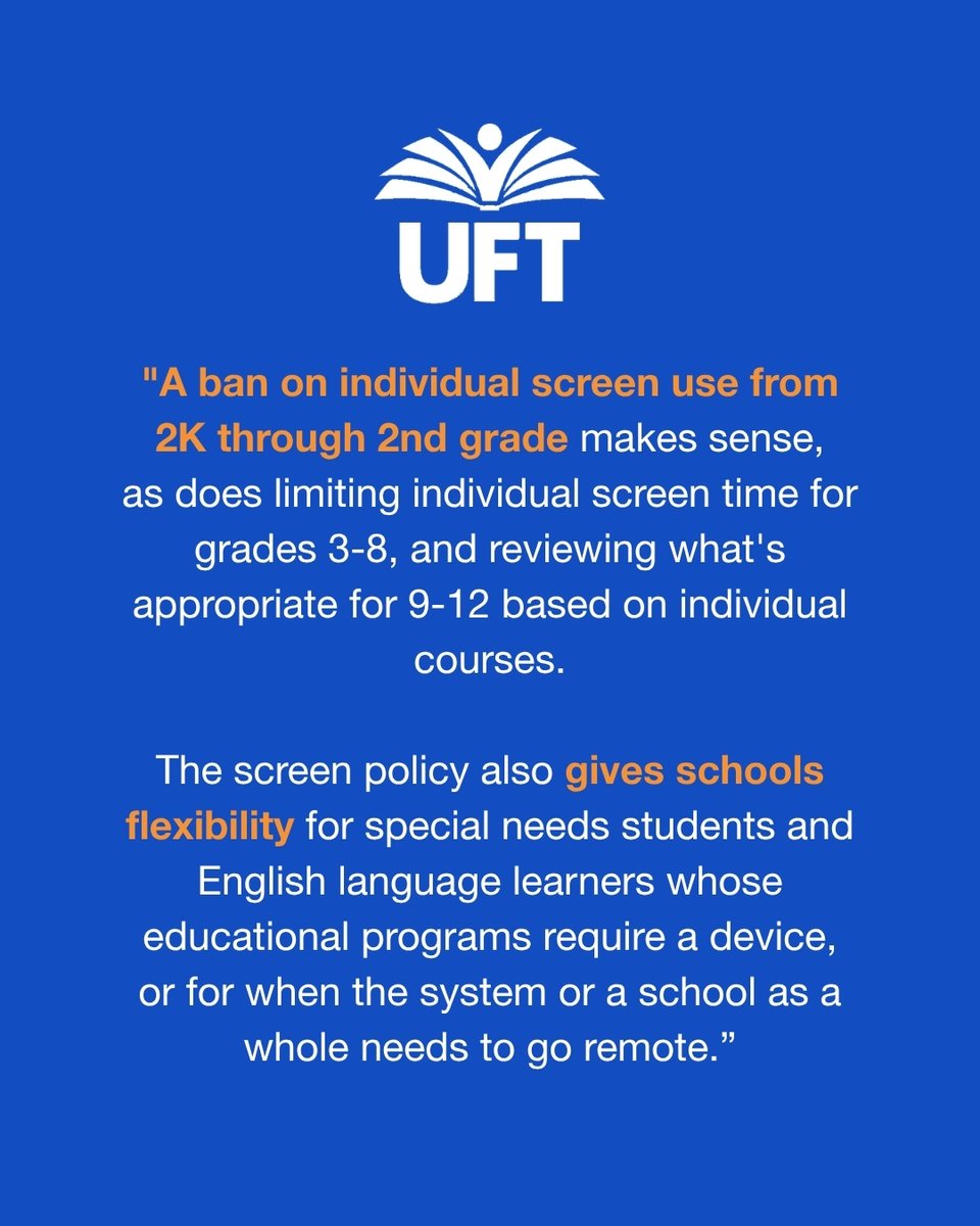 UFT's tweet photo. Today, the DOE and the City announced updated policies on student-facing generative AI use in schools, alongside a new screen time policy. Swipe to see a statement from UFT President Michael Mulgrew. https://t.co/v4qArJORF1