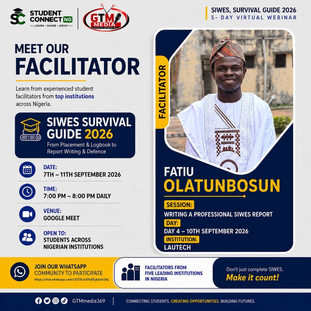 GTMMedia369's tweet photo. 🔥 Meet Our Facilitator!

Fatiu Olatunbosun, Mechanical Engineering, LAUTECH, joins us on Day 4 to share insights on “Writing a Professional SIWES Report.” 🎓📚

Make your SIWES count! 🔥
Join: https://t.co/L4nEVua9GG

#SIWES2026 #GTMMedia #LAUTECH https://t.co/nydH3zZzHF