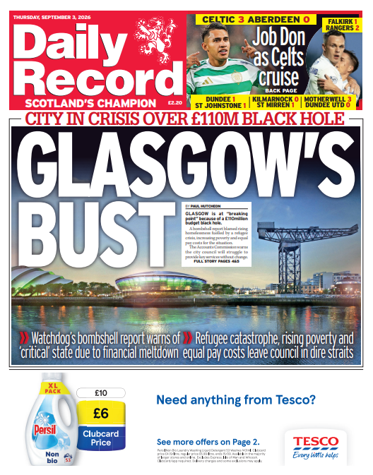 Daily_Record's tweet photo. Here's your first look at Thursday's Daily Record front page, which leads on Glasgow being at “breaking point” because of a £110million budget black hole #ScotPapers #TomorrowsPapersToday https://t.co/smVYnIa4yh