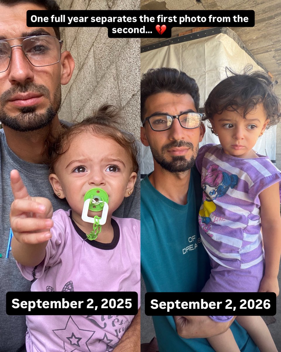 Mo7ammed_jawad6's tweet photo. One full year separates the first photo from the second… 💔

A whole year has passed, and we are still suffering here in Gaza. We are still trapped, living every moment of our lives in constant fear, never knowing what might happen in the next few minutes or when we will ever feel safe again.

Our faces have changed, our pain has grown deeper, but our suffering has not ended…

How long will we have to live like this? How long will fear remain a part of our daily lives? 💔

All we want is to live in safety, just like everyone else.