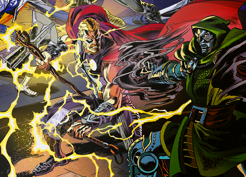 MarvelSpoiler's tweet photo. THOR peleando con DOOM con rayos color DORADO!!! 

Se viene la Odin Force. https://t.co/sUMkdjuMTF
