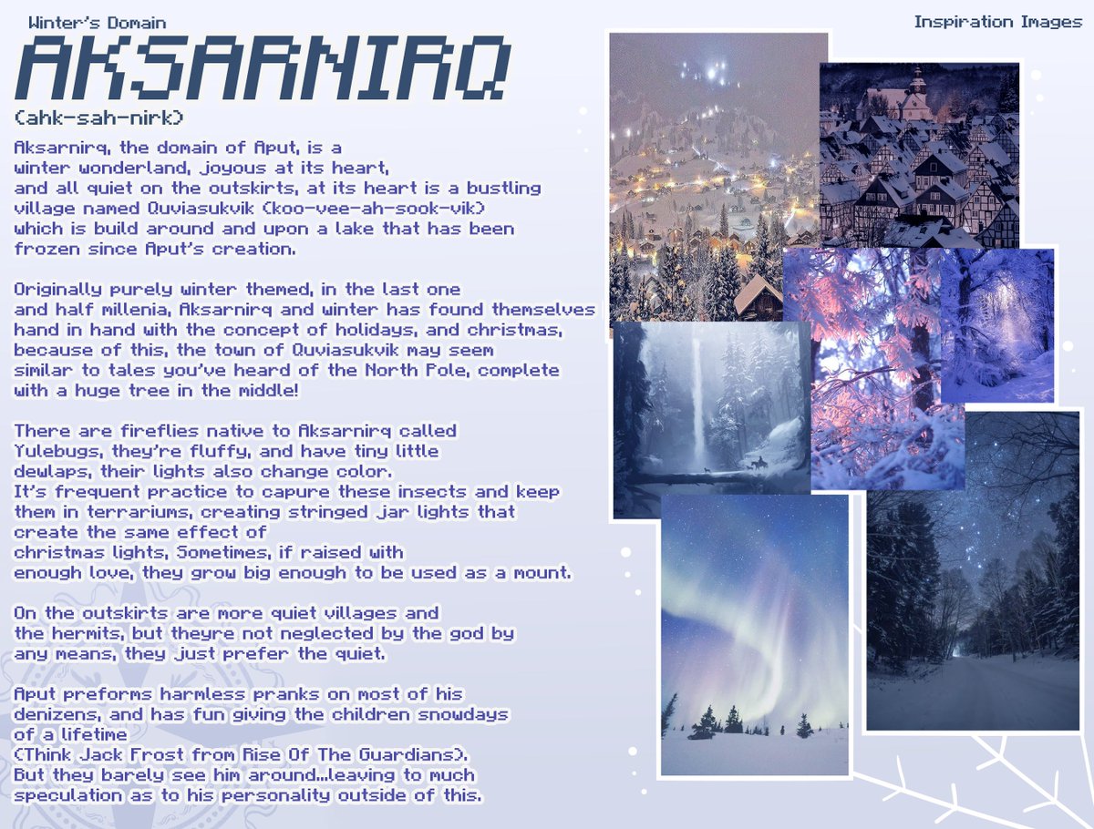PhantasmSMP's tweet photo. THE DOMAINS 
-
Aksarnirq, The Winter Wonderland. ❄️
Overseer God: Aput, Lord of Winter

#PHANTASMSMP https://t.co/UaqTLnIaCh