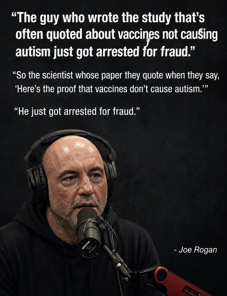 toobaffled's tweet photo. Joe Rogan points out that Poul Thorsen, a scientist behind research often cited to argue vaccines don’t cause autism, was just arrested for FRAUD.

“The guy who wrote the study that’s often quoted about vaccines not causing autism just got arrested for fraud.”

“So the scientist whose paper they quote when they say, ‘Here’s the proof that vaccines don’t cause autism.’”

“He just got arrested for fraud.”