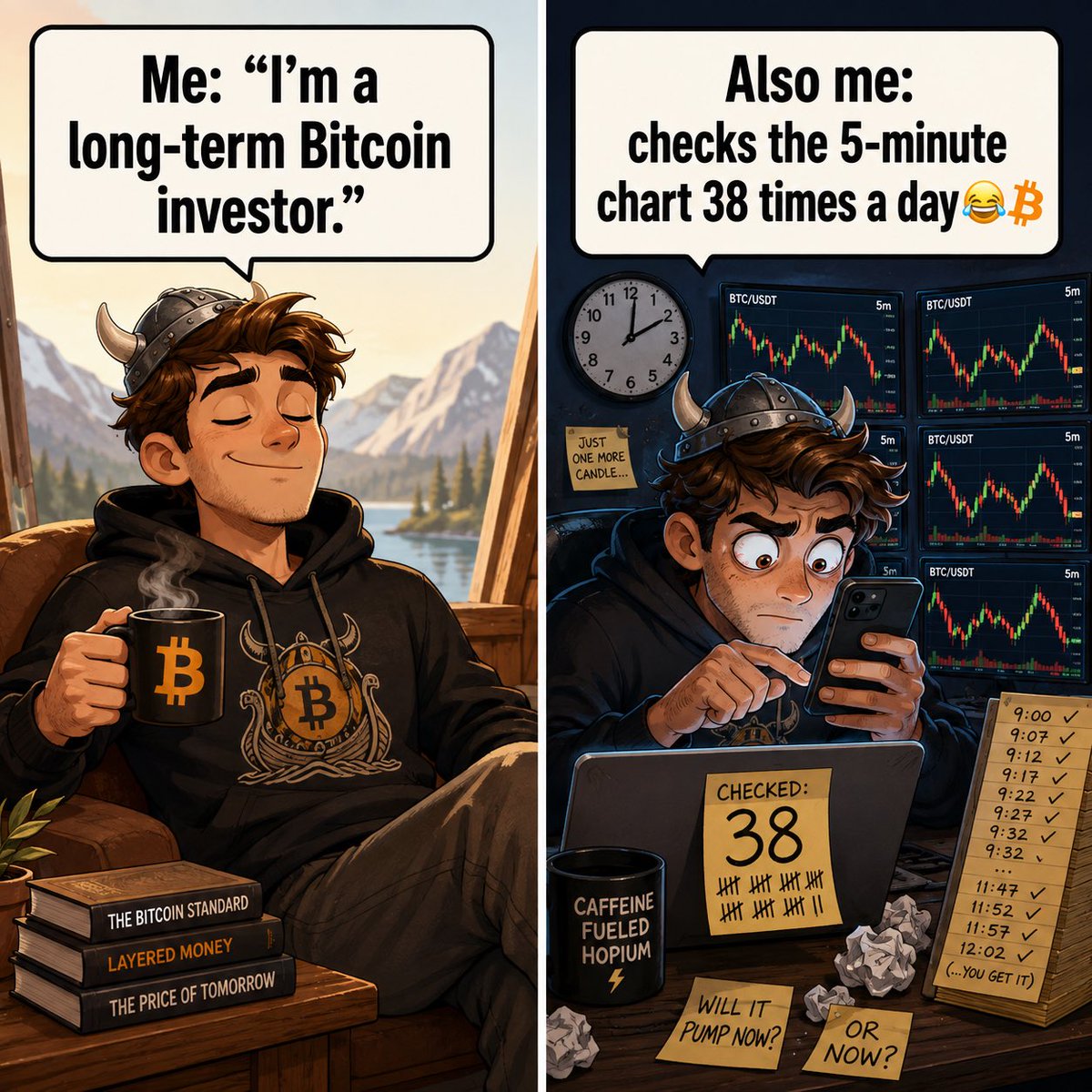 BitcoinVikingX's tweet photo. Me: “I’m a long-term Bitcoin investor.”
Also me: checks the 5-minute chart 38 times a day 😂₿ https://t.co/5PQ8ehiurm