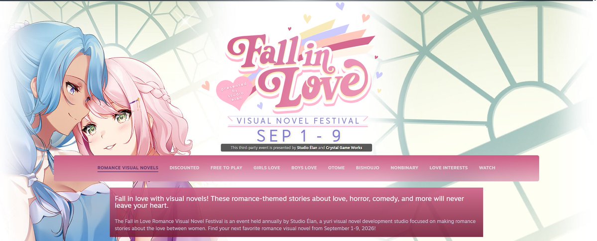 DailyYuriFix's tweet photo. Since Valve isn't doing anything to promote it at all, i'd like to bring attention to the Fall in Love VN Festival that is happening Sept.1st-9th

Some recommendations from me include: 

Twofold
Please Be Happy
Heart of The Woods
Without a Voice 

https://t.co/ZTSRH5VOrr https://t.co/B8DWwf36t0