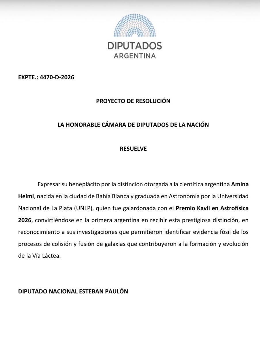 EstebanPaulon's tweet photo. LA CIENCIA NOS LLENA DE ORGULLO 

Celebramos a Amina Helmi, científica argentina galardonada con el Premio Kavli en Astrofísica 2026.

Amina es la primera argentina en recibir este reconocimiento por sus investigaciones que permitieron identificar evidencia fósil de los
procesos de colisión y fusión de galaxias que contribuyeron a la formación y evolución de la Vía Láctea. 
#MujeresEnCiencia