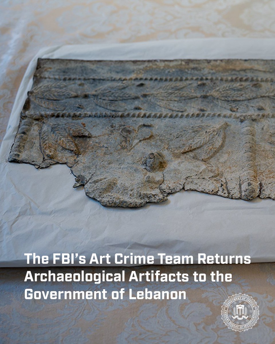 FBI's tweet photo. The FBI’s Art Crime Team returned a trio of ancient archaeological artifacts to the government of Lebanon, strengthening our shared fight against the illicit trafficking of cultural property.

Read more about the repatriation and how the FBI is working with partners to combat criminal networks and ensure cultural treasures remain where they belong: https://t.co/zBowzJMrL6.