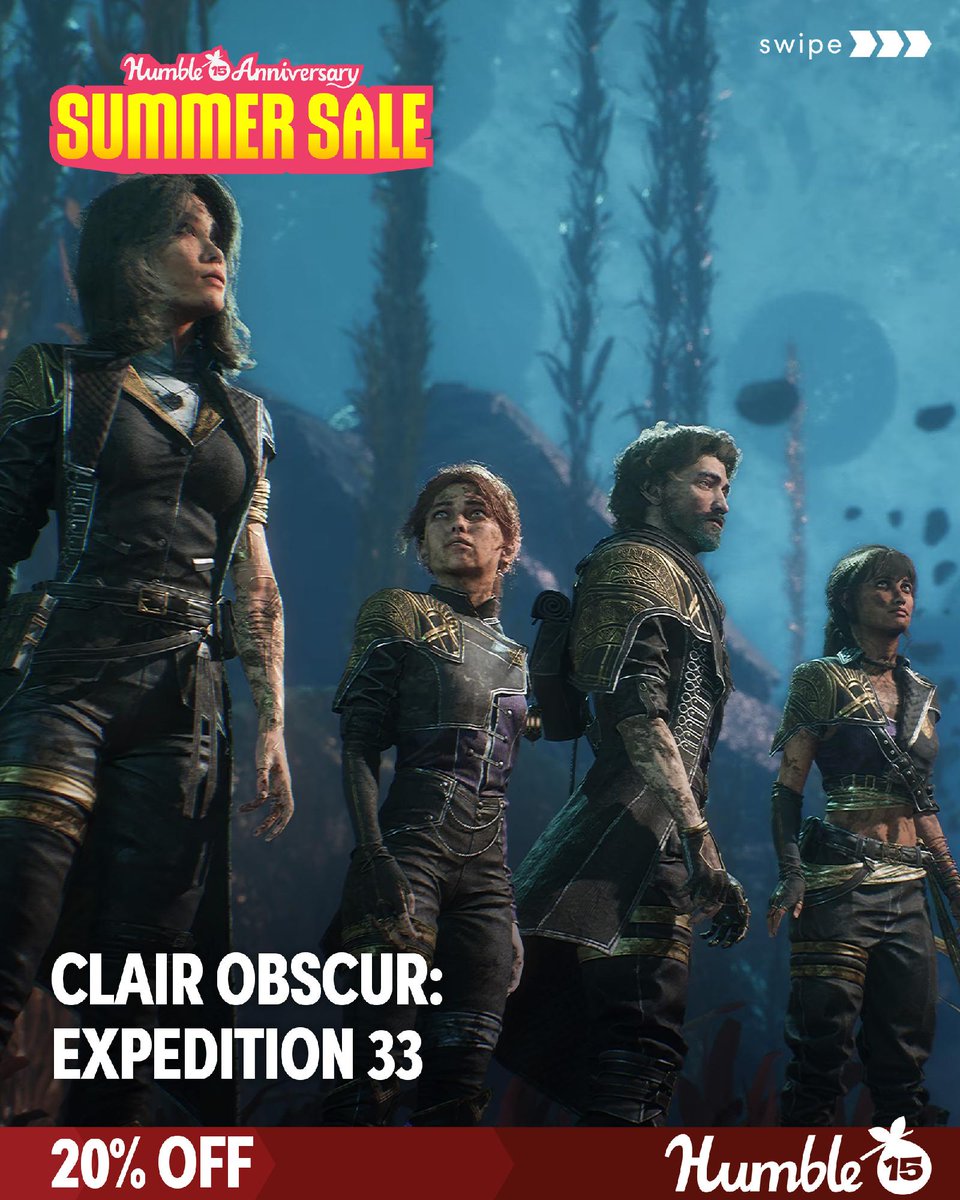 humble's tweet photo. Lead your team on a quest to destroy the Paintress so she can never paint death again in the acclaimed RPG Clair Obscur: Expedition 33, now 20% off during the Humble Summer Sale! https://t.co/iHx3zk0dG1 https://t.co/CA7bBWm3Rg