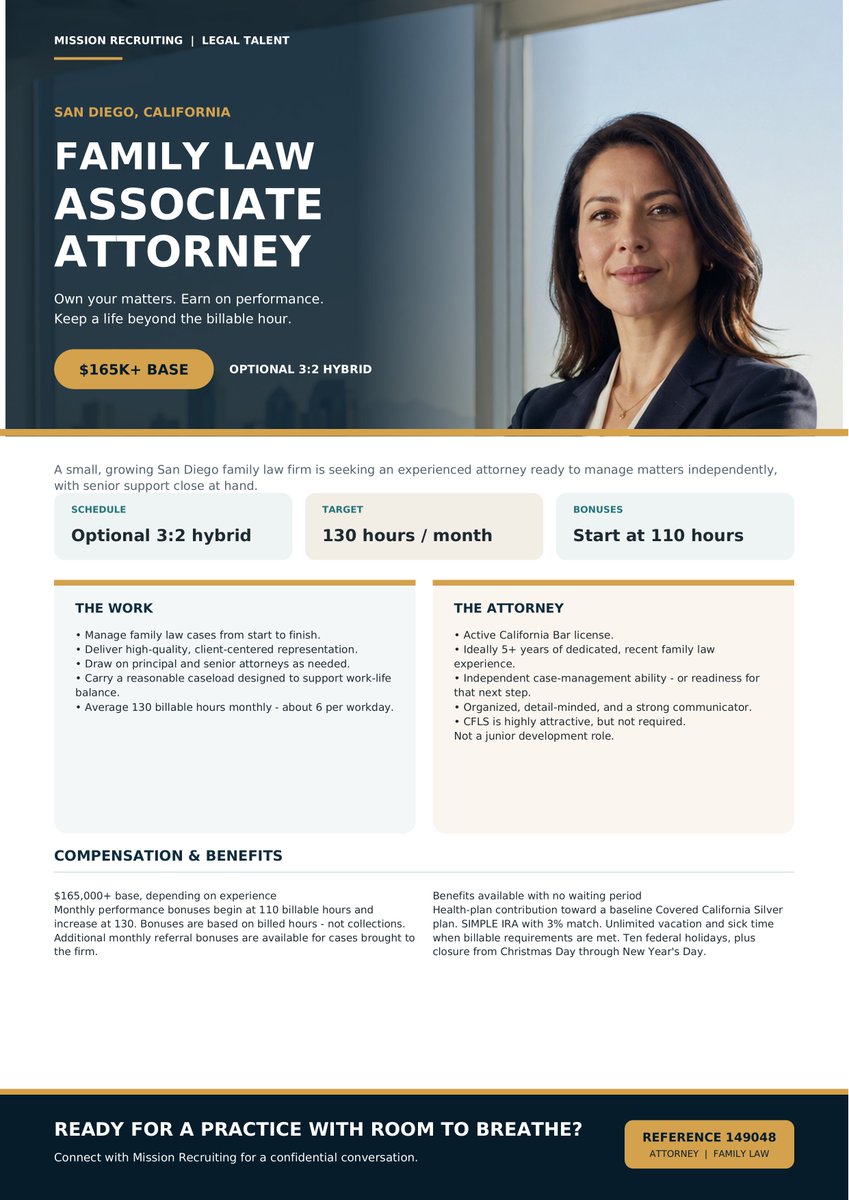ShandWilde73's tweet photo. #Hiring! Attorney⚖️Family Law⚖️Hybrid🌴San Diego, CA ⛱️ Apply: https://t.co/boLYjySt0F
Melissa S. Johnson, PhD
melissa@missionrecruiting.com
(689) 244-5172
⛱️ Salary starts $165,000++ DOE
⛱️ Significant bonuses paid monthly
#AAML #ACFLS #CFLS #FamilyLaw #SanDiego #JobAlert https://t.co/MNkKoj7ygA