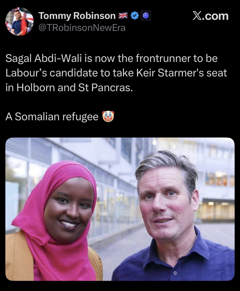 SamCKx's tweet photo. Sagal Abdi-Wali came to our country as a child refugee, has integrated in a manner that few people could possibly question, and has spent much of her life serving the society that welcomed her.

For more than a decade she has served her community as a charity volunteer and trustee, governor of two schools, local government officer and elected councillor, and today she leads Camden Council. 

Tommy Robinson is a multiple-convicted violent drug addict.