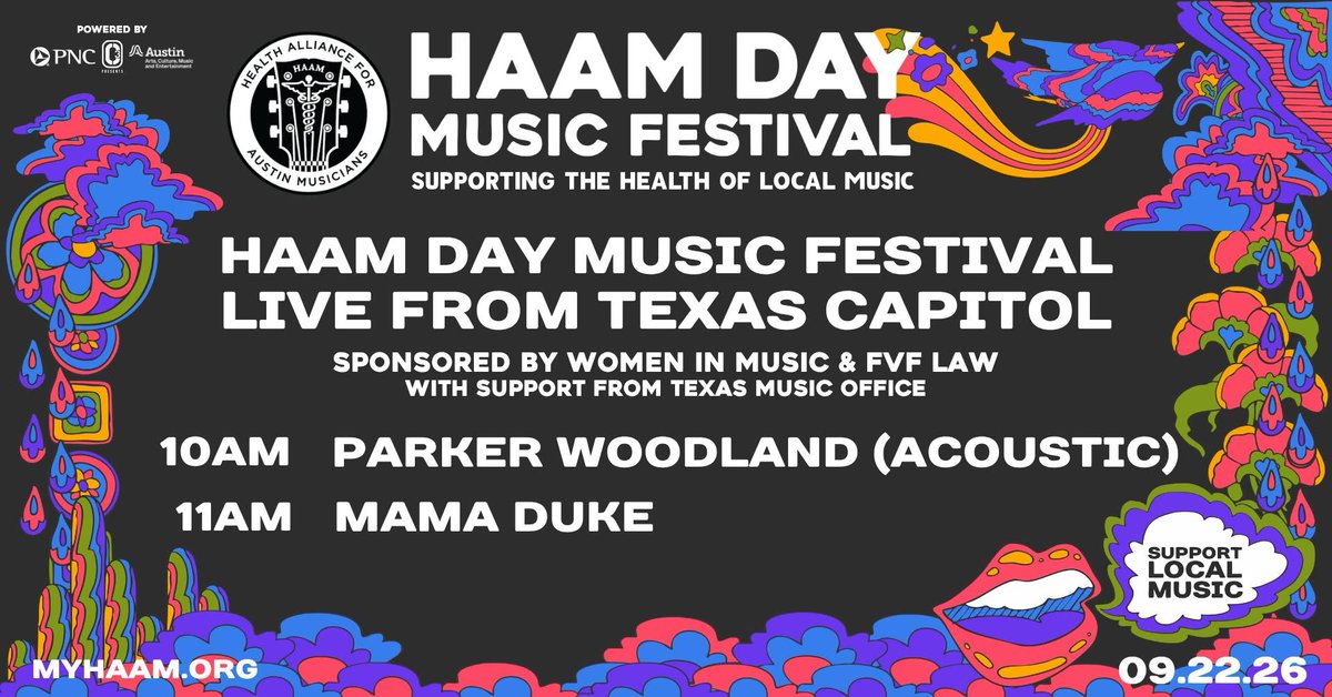 txmusicoffice's tweet photo. On Tuesday, September 22, Austin will once again become one giant stage for HAAM Day Music Festival, the annual celebration benefiting the Health Alliance for Austin Musicians (HAAM). This year’s citywide festival brings together more than 400 local musicians for 250+ free performances at 120+ venues across Greater Austin, highlighting the artists who make Austin’s music community so vibrant while helping provide local musicians with access to affordable healthcare and wellness services.

One of the day’s standout showcases will take place at the Texas State Capitol South Steps, with music beginning at 10 a.m. Parker Woodland will kick things off with an acoustic duo set at 10 a.m., followed by Mama Duke at 11 a.m. The free, all-ages performance is presented by HAAM, Women in Music, FVF Law and the Texas Music Office, offering a chance to experience two dynamic Austin artists in one of the city’s most iconic settings—all while supporting HAAM’s mission to keep Austin’s music community healthy and thriving.
@myhaam