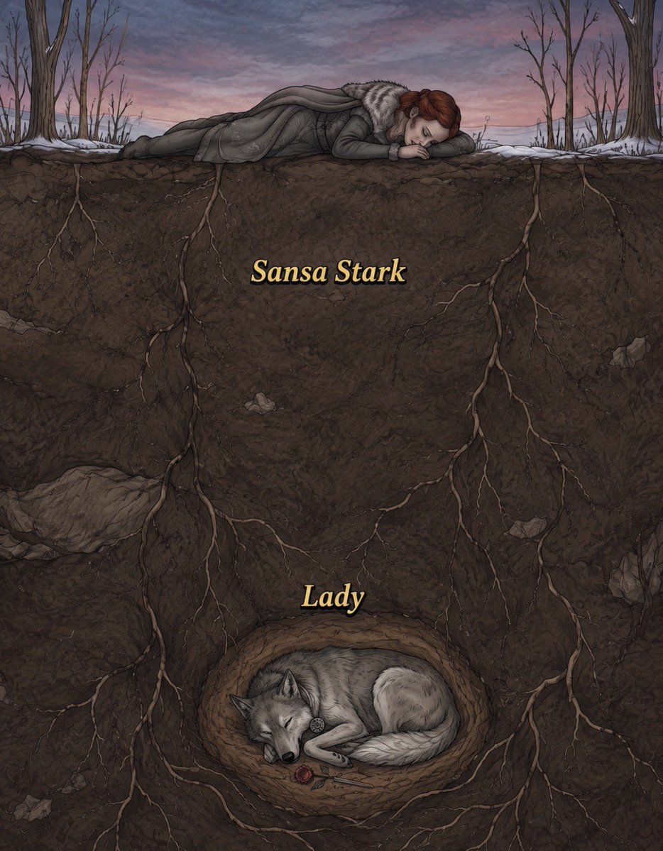 KingTargaryenn's tweet photo. Cuando Cersei exigió que el lobo de Sansa pagara por el ataque de Nymeria a Joffrey, Lady no había hecho nada. Nymeria ya había huido, pero alguien tenía que pagar el precio.

Robert ordenó su muerte y Ned se negó a dejar que el verdugo real lo hiciera. La mató él mismo, de la forma más rápida y misericordiosa que pudo.

Y después hizo algo que quizá muchos pasaron por alto…se aseguró de que Lady regresara al Norte.

Su cuerpo fue llevado a Winterfell, lejos de King’s Landing y de toda aquella crueldad.

Porque Lady no era simplemente un animal. Era un lobo huargo, símbolo de los Stark y del Norte, y el vínculo de Sansa con su hogar.

Quizá por eso esta muerte duele tanto. Mientras Sansa lloraba a Lady, también estaba empezando a morir aquella niña que había llegado a King’s Landing creyendo que los cuentos podían hacerse realidad.

Y lo más curioso es que, fuera de la ficción, la historia tuvo un final mucho más feliz.

Sophie Turner terminó encariñándose tanto con Zunni, la perra que interpretaba a Lady, que ella y su familia decidieron adoptarla.

Así que Sansa perdió a Lady en Westeros…

pero Sophie consiguió llevársela a casa. 🐺❤️