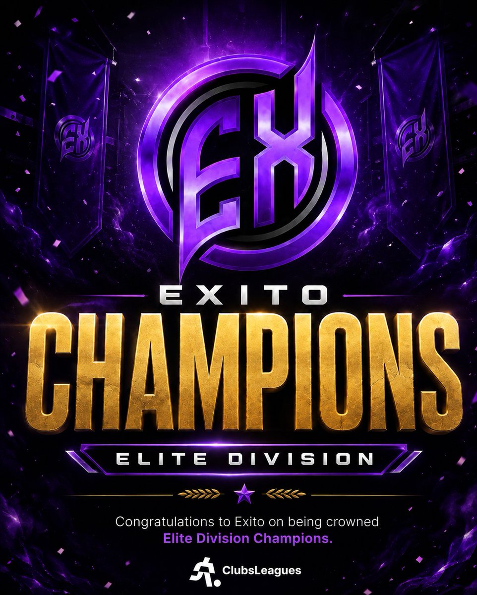 clubsleagues's tweet photo. 🏆 EXITO ARE YOUR ELITE DIVISION CHAMPIONS! 👑

A huge congratulations to Exito on an incredible season and being crowned ClubsLeagues Elite Champions! 💜

🥇 1st Place
💰 $1,400 Prize Money
Top of the pile when it mattered most. Fully deserved. 👏

🏆 CHAMPIONS — EXITO

#ClubsLeagues #FC26 #ProClubs #Exito