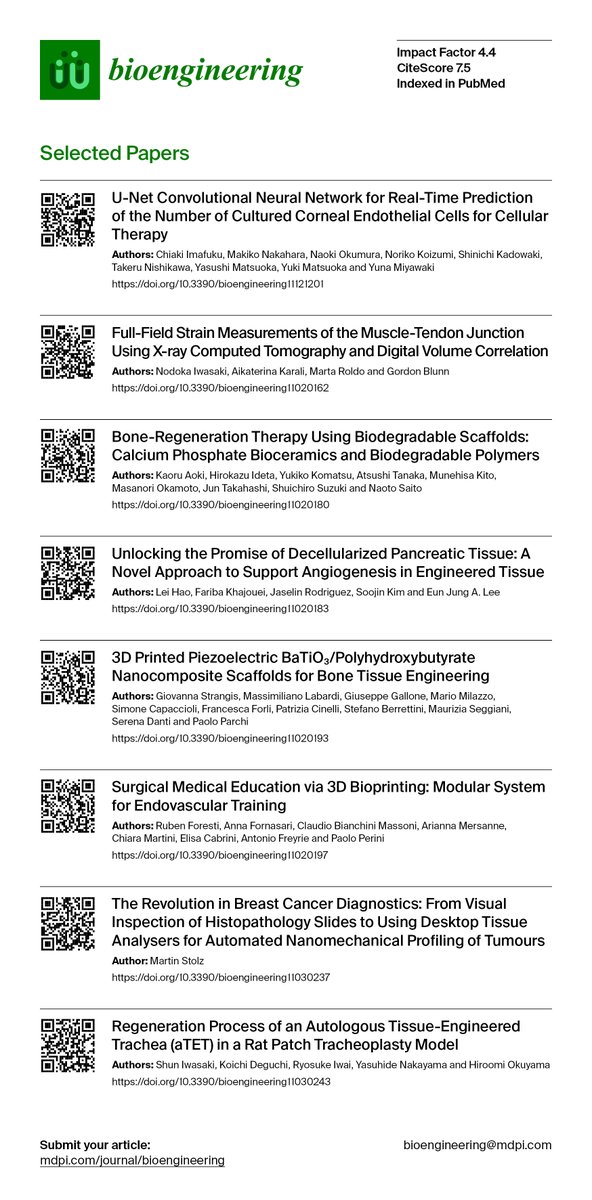 Bioeng_MDPI's tweet photo. 💥Check out the First Edition of our Title Story Collection from 2024
📌 #CellularTherapy #TissueEngineering #3DBioprinting #Biomaterials #BoneRegeneration #ScaffoldDesign #MachineLearning #UNet #MedicalImaging #Biomechanics #Nanocomposites #SurgicalTraining #CancerDiagnostics https://t.co/sh55Hgxhoc