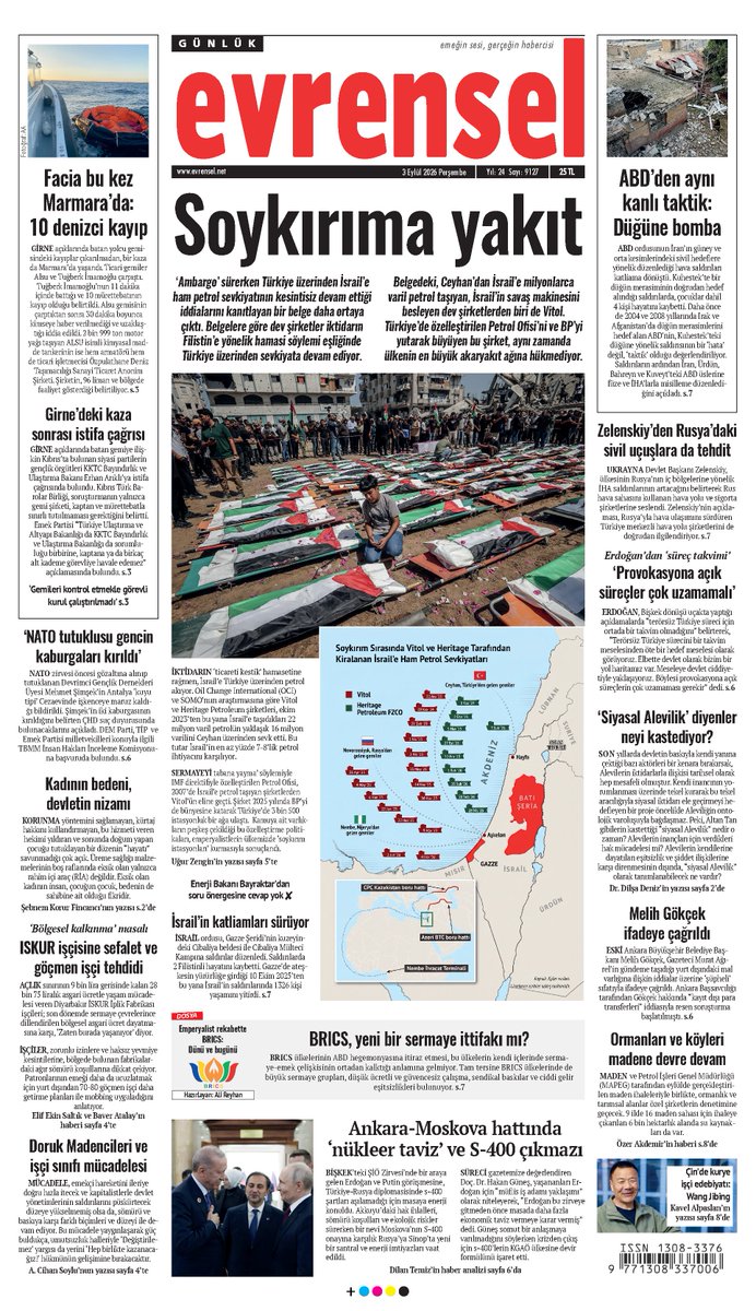 evrenselgzt's tweet photo. ✒️Soykırıma yakıt

‘Ambargo’ sürerken Türkiye üzerinden İsrail’e ham petrol sevkiyatının kesintisiz devam ettiği iddialarını kanıtlayan bir belge daha ortaya çıktı. Belgelere göre dev şirketler iktidarın Filistin’e yönelik hamasi söylemi eşliğinde Türkiye üzerinden sevkiyata devam ediyor

Evrensel bugün bayilerde