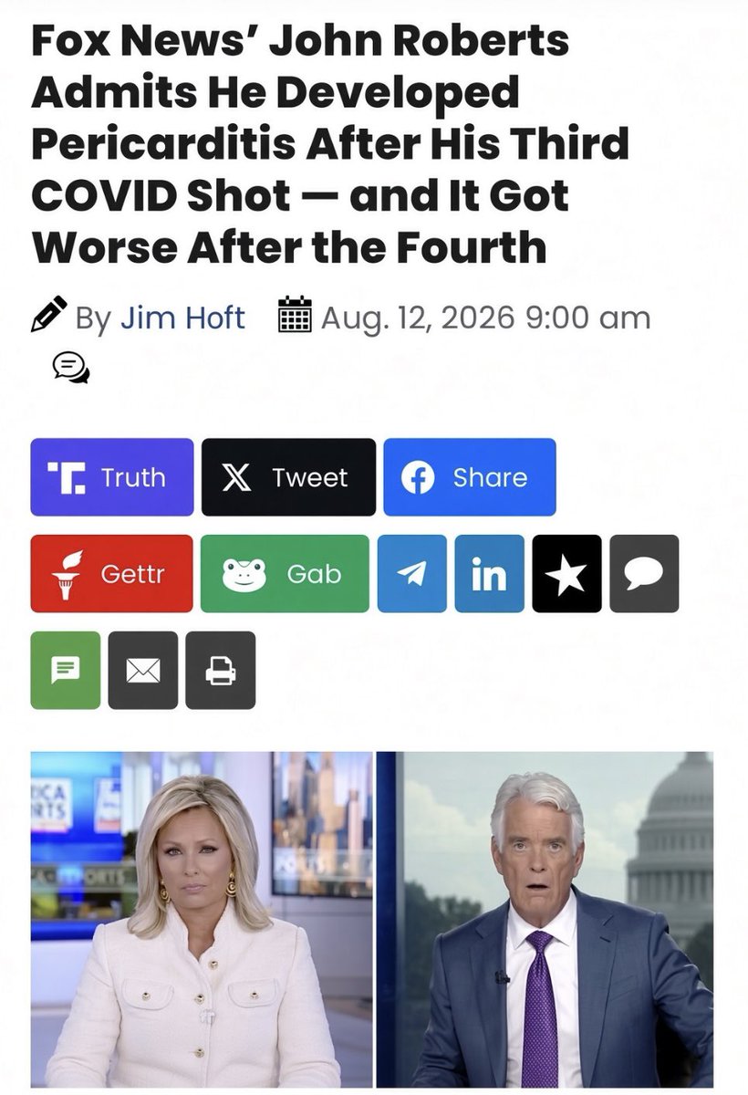 toobaffled's tweet photo. John developed pericarditis, inflammation of the lining around the heart, after his third COVID-19 shot, so he took his fourth 🥴

Fox News correspondent and America Reports co-anchor John Roberts has publicly acknowledged that he developed pericarditis, inflammation of the lining around the heart, after his third COVID-19 shot, and that the condition worsened after he took a fourth dose.

https://t.co/xLFfjOAA35