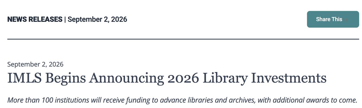 LibraryJournal's tweet photo. IMLS Begins Announcing 2026 Library Investments 
(via #IMLS)

 https://t.co/TnatclZ9Z5

#libraries #funding https://t.co/LyWCdt2MCq