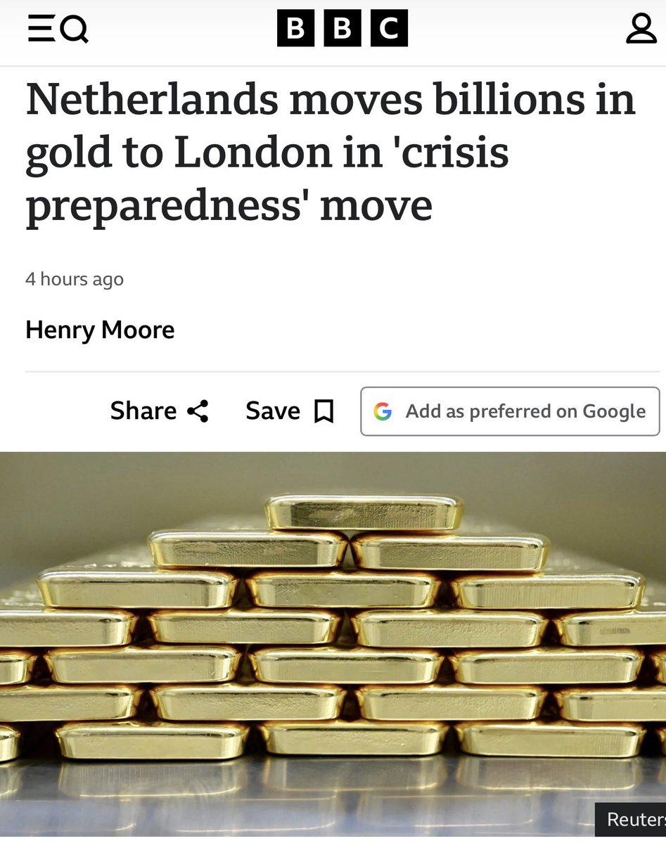 VolodimirZelen1's tweet photo. 🇳🇱 Les Pays-Bas rapatrient presque 86 tonnes d’or (!) essentiellement des États-Unis pour les placer à Londres. Trump a fait de l’Amérique un pays trop instable pour y placer son or visiblement, encore un succès 🫠 https://t.co/KAyc7ZldRF